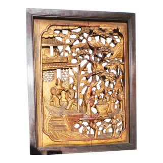 Antique Chinese Wood Carved Scenic Panel For Sale