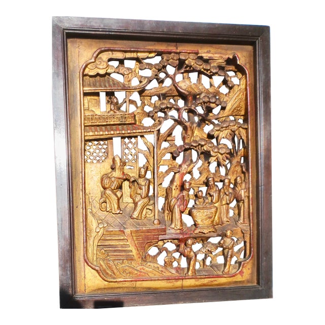 Antique Chinese Wood Carved Scenic Panel For Sale