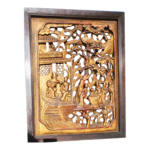 Antique Chinese Wood Carved Scenic Panel