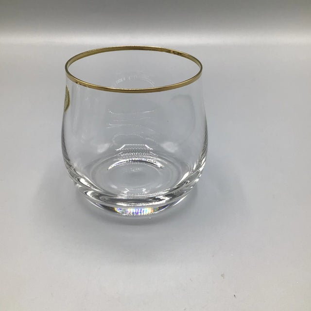 Hollywood Regency Bohemian Crystalex Geneve Old Fashion Gold Rim Whiskey/Scotch/Bourbon Glasses With Pressed Teak Tray-Set of 13 For Sale - Image 3 of 13
