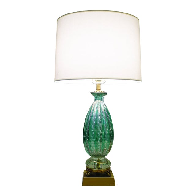 Rare Large Turquoise "Costolato" Barovier Toso Murano Italy Thick Bubble Blown Art Glass Brass Table Lamp 1960s For Sale
