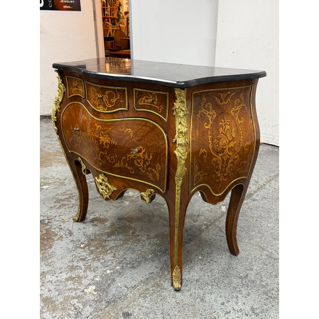 Louis XV Style Bombe Marquetry Commode, Vintage For Sale - Image 4 of 12
