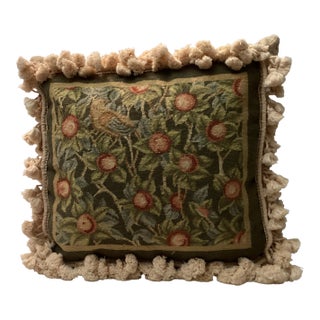 Vintage William Morris Style Tapestry Orange Tree Needlepoint Pillow With Bird and Fruit Motif For Sale