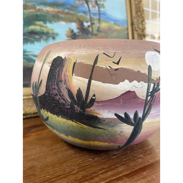 Hand-Painted Terracotta Desert Landscape Pot Marked "Mexico" For Sale In Seattle - Image 6 of 9