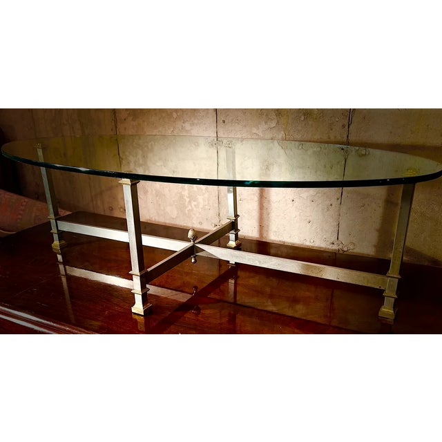 Brass Maison Jansen Style Oval Iron and Brass Glass Top Coffee Table For Sale - Image 8 of 8
