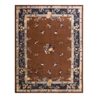 1920s Brown Floral Medallion Antique Chinese Peking Rug 9'0"x 11'6" Handknotted Wool Carpet For Sale
