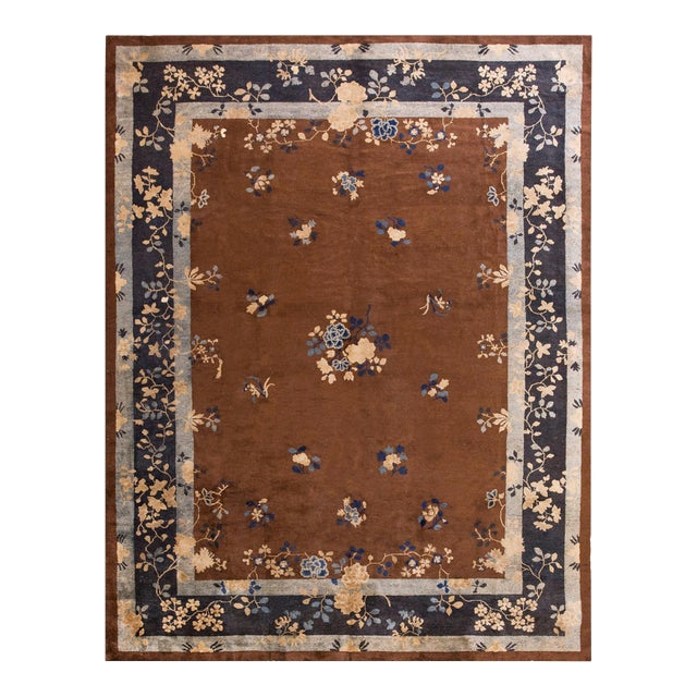 1920s Brown Floral Medallion Antique Chinese Peking Rug 9'0"x 11'6" Handknotted Wool Carpet For Sale