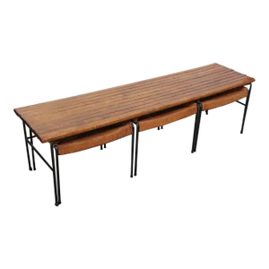 Arthur Umanoff Birch and Iron Bench/Coffee Table With Rush Nesting Stools