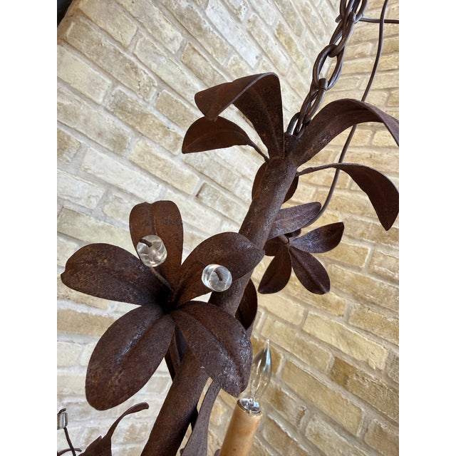 Vintage Italian Tôle Chandelier With Rustic Metal Leaves and Floral Motifs Accented With Crystals, 6 Lights For Sale - Image 10 of 12
