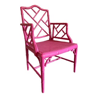Vintage Pink Lacquered Chinese Chippendale Faux Bamboo Arm Chair For Sale