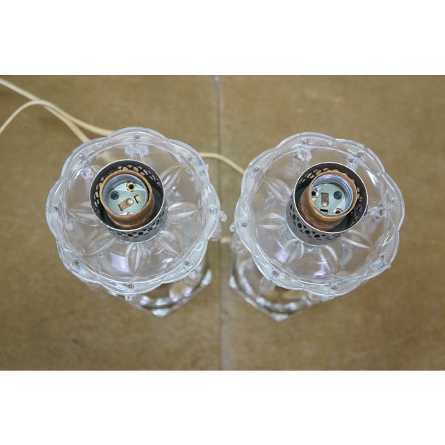 2 Mid Century Etched Glass Crystal Hurricane Candlestick Boudoir Lamps 20" For Sale - Image 12 of 18
