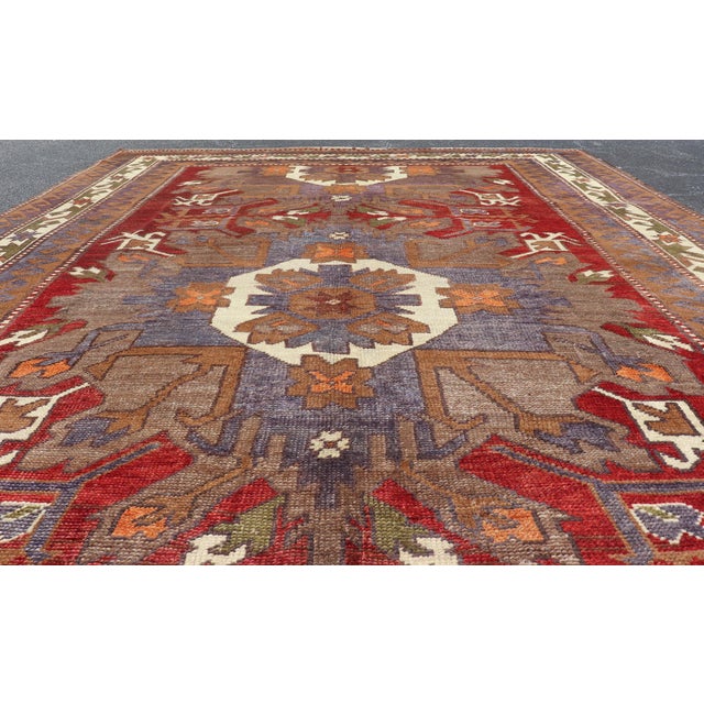 Mid 20th Century Turkish Vintage Oushak Rug With Medallions in Red, Taupe, Olive and Gray For Sale - Image 5 of 12