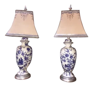 Pair of Painted Blue & White Porcelain Lamps With Custom Shades