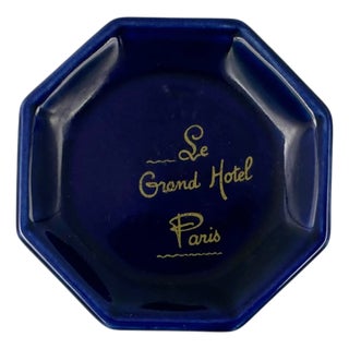 Vintage Le Grand Hotel Paris Cobalt Blue Ceramic Ashtray Catchall Dish For Sale