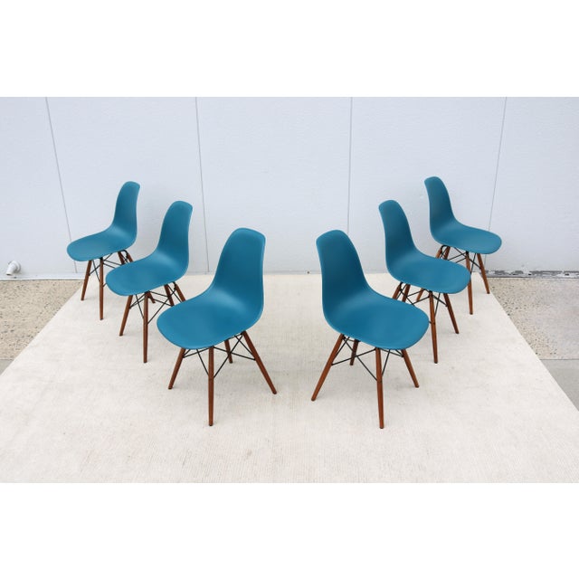 Teal MCM Herman Miller Eames Molded Plastic Dining Chairs Dowel Base DSW - Set of 6 For Sale - Image 8 of 18