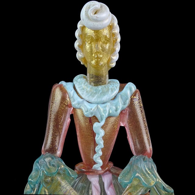 Mid 20th Century Murano Victorian Dress Woman Pink Blue White Gold Flecks Vintage Italian Art Glass Figure Sculpture For Sale - Image 5 of 13