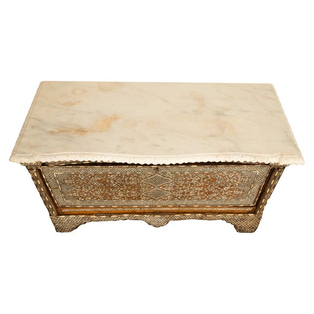 Antique Arabic Walnut Inlaid Mother-of-Pearl Dowry Marriage Chest Damascus 1860 For Sale - Image 13 of 17