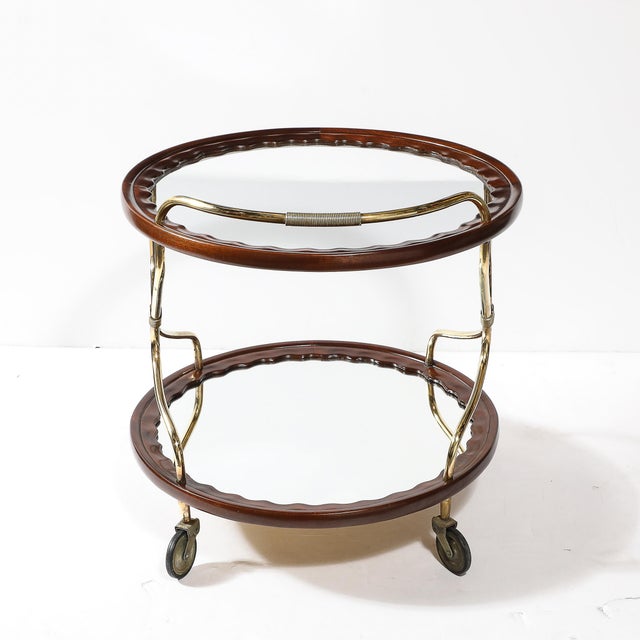 Mid-Century Modernist Two-Tier Walnut, Polished Brass & Glass Serving Cart For Sale - Image 12 of 12