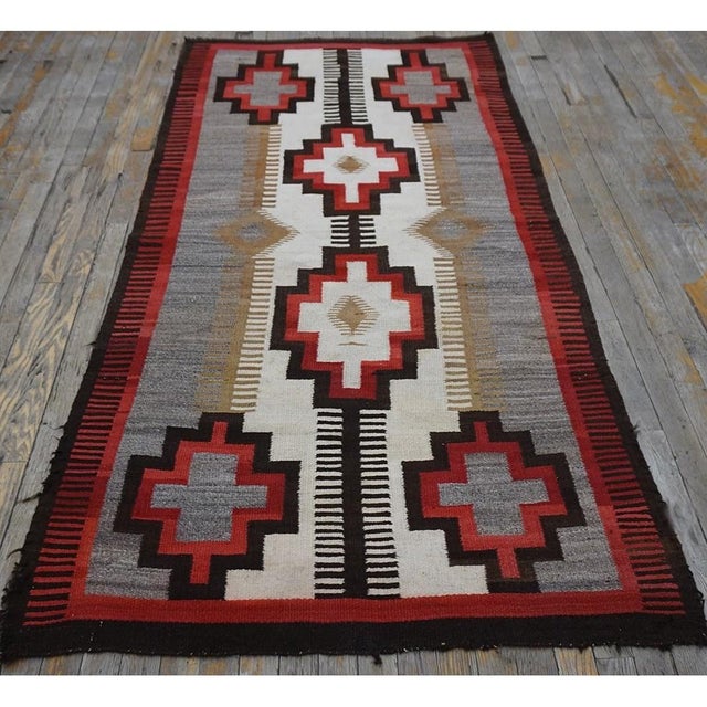 Gray 1920s Small Tribal Antique Bold Geometric Native American Flat Weave Navajo Rug For Sale - Image 8 of 11