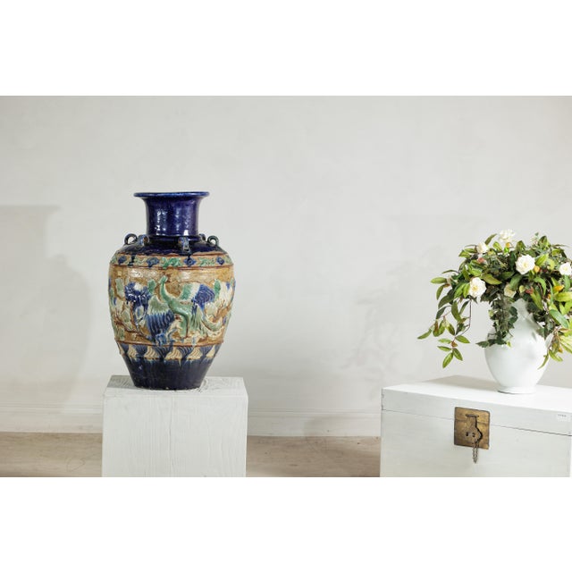 Ceramic Antique Annamese Water Jar with Phoenix and Floral Relief Decoration For Sale - Image 7 of 18