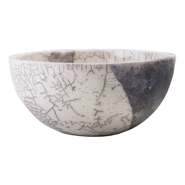 Japanese Minimalist White Crackle Raku Ceramic Bowl from Laab Milano For Sale