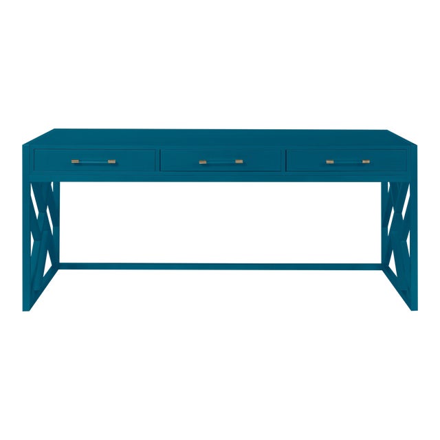 Casa Cosima CeCe Desk with Wood Fretwork Base, Blue Danube For Sale