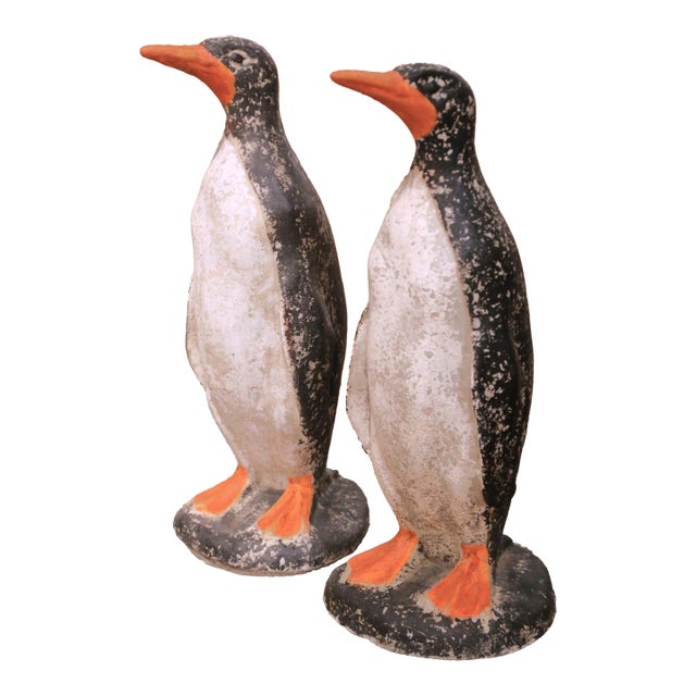 Pair of Mid 20th Century French Outdoor Weathered Painted Stone Penguin Sculptures For Sale
