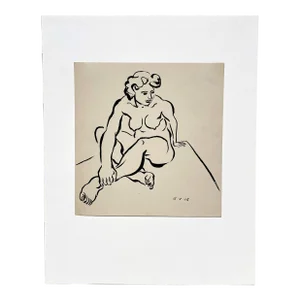 1946, Ink on Paper Drawing of a Seated Nude by Artist Harold Haydon, Framed