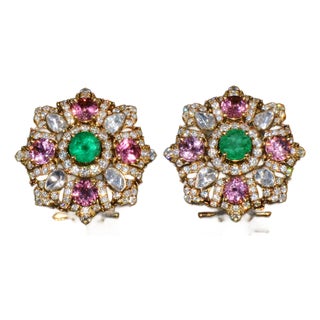 Late 20th Century Natural 4.89cts Diamond, Emerald & Pink Tourmaline 18k Gold Floral Earrings, Pair For Sale