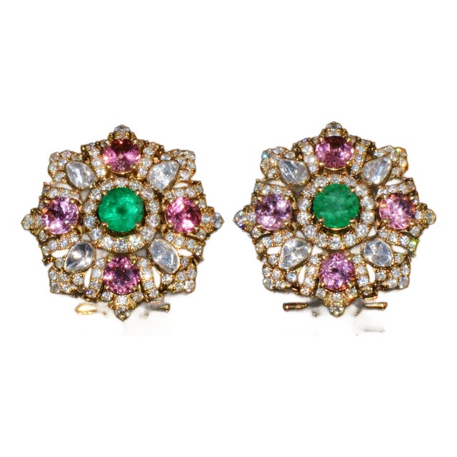 Late 20th Century Natural 4.89cts Diamond, Emerald & Pink Tourmaline 18k Gold Floral Earrings, Pair For Sale