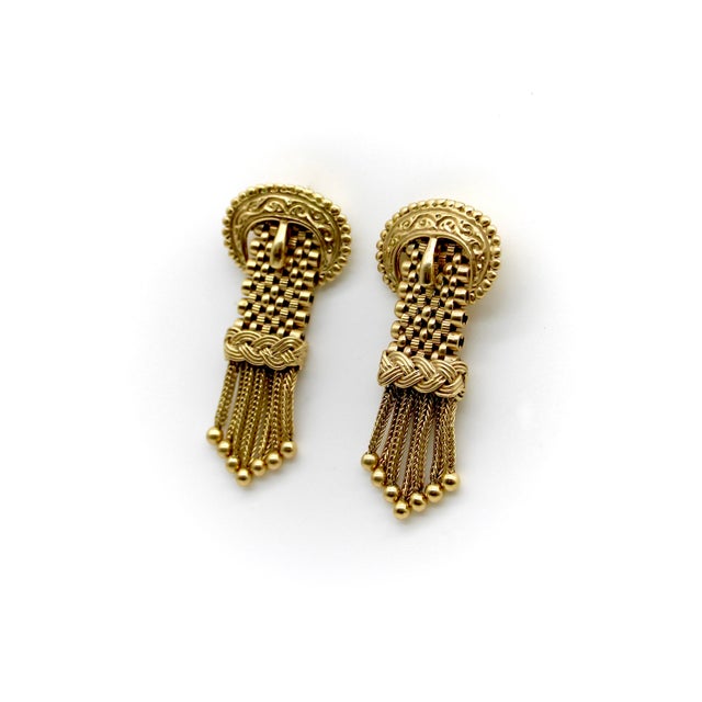 Victorian Late 19th Century 14k Gold Victorian Buckle Earrings With Tassels, A Pair For Sale - Image 3 of 6