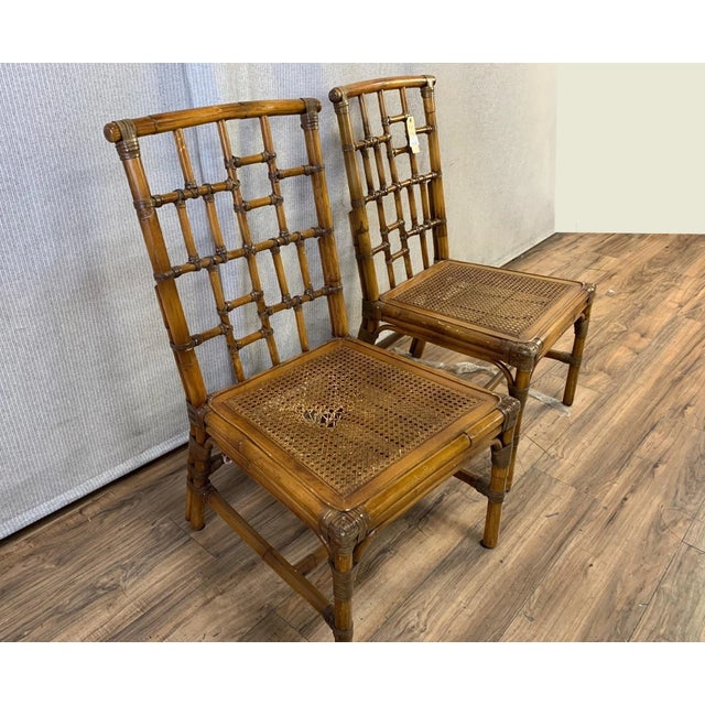 Chinoiserie Pair Vintage Baker Furniture Side Chairs ~ Chinoiserie Bamboo Cane Brown Chairs For Sale - Image 3 of 4