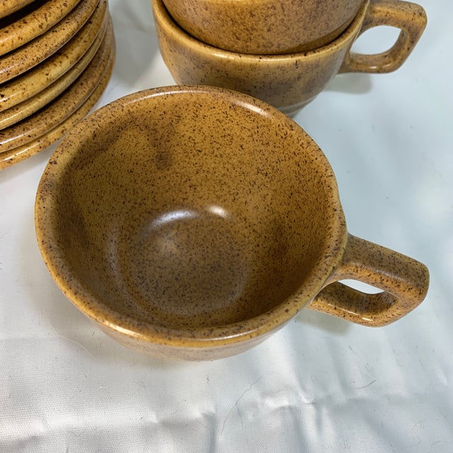 Farmhouse Vintage 1960s Monmouth Pottery "Mojave" Cup and Saucer Set Featuring a Brown Speckled Glaze, Service for 8 For Sale - Image 3 of 7