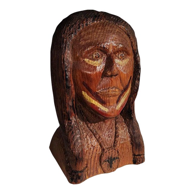 Hand Carved & Painted Native American Head For Sale