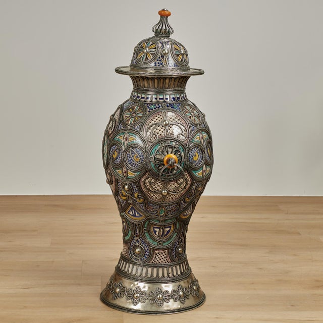 Large Vintage Moroccan Earthenware and Metal Lidded Urn For Sale - Image 9 of 13