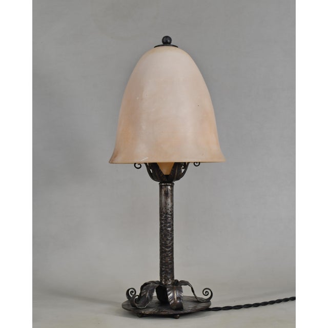 1920s Edgar Brandt French Art Deco Lamp - Wrought Iron & Alabaster For Sale - Image 6 of 18
