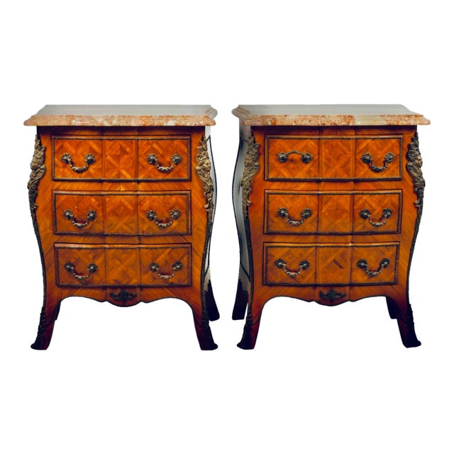 Pair of Red Marble-Top Parquetry Petite Commodes Nightstands For Sale