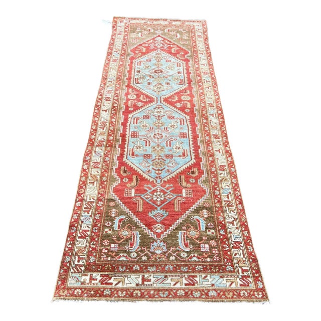 1940s Red Geometric Hand-Knotted Caucasian Runner Rug For Sale