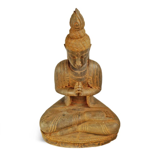 Asian Rust Stone Sitting Garden Buddha Statue For Sale - Image 3 of 5