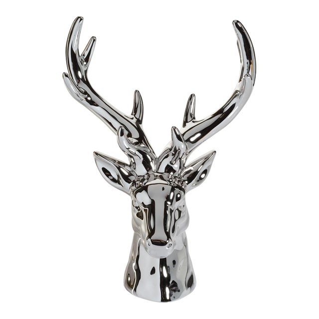 Rocky Mountain 15.5" Silver Ceramic Stag Head Figurine Statue For Sale
