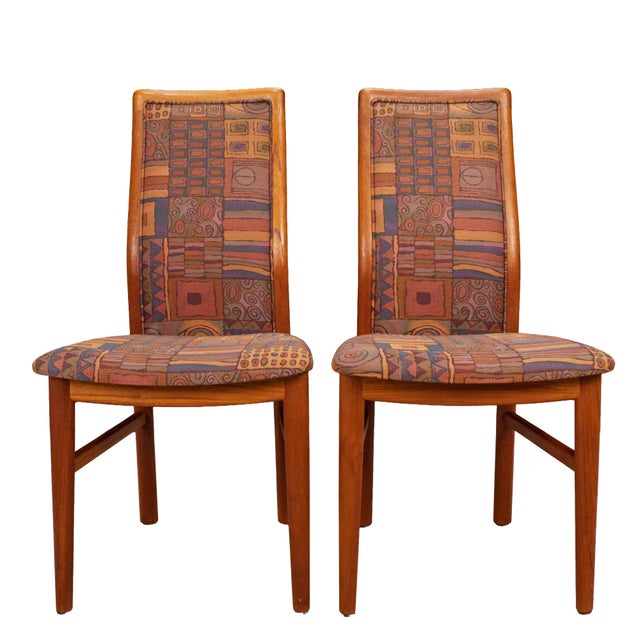 Brown Pair Vintage Danish Teak Side Accent Chairs – Schou Andersen Denmark – Funky 80s Upholstery For Sale - Image 8 of 12