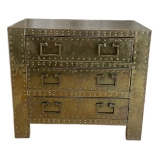 Sarreid, Ltd, Spanish High Style Brass Clad Strongbox Commode / Bedside Table For Sale
