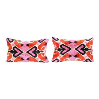 Pink Silk Ikat Velvet Pillow Covers - a Pair For Sale