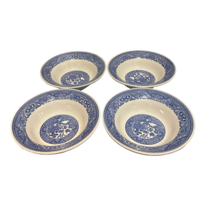 Vintage Blue Willow Pattern Porcelain Shallow Soup Bowls - Set of 4