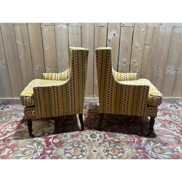 Napoleon III Wingback Armchairs in Multicoloured Striped Velvet, Set of 2 For Sale - Image 6 of 7