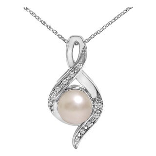 Sterling Silver 7mm Cultured Pearl and Diamond Accent Swirl Pendant Necklace For Sale
