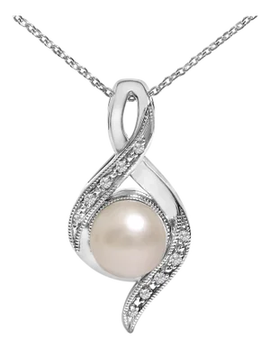 Sterling Silver 7mm Cultured Pearl and Diamond Accent Swirl Pendant Necklace