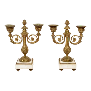 Pair Napoleon III French Ornate Gilt Bronze Marble Candelabras Candleholders