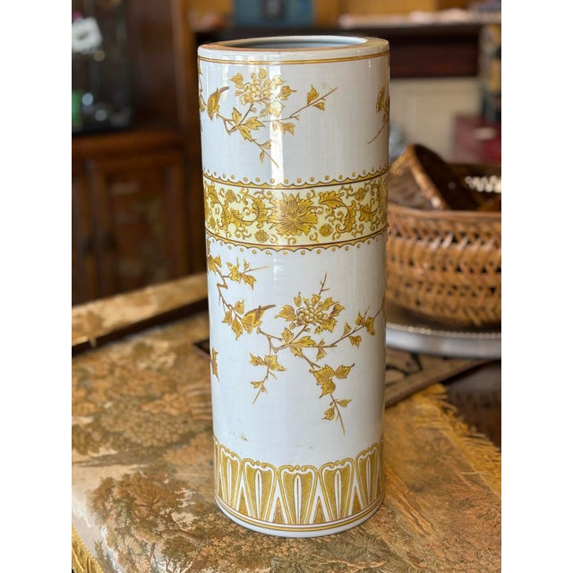 Ceramic Vintage Chinese Ceramic Yellow and White Floral Umbrella Holder For Sale - Image 7 of 8