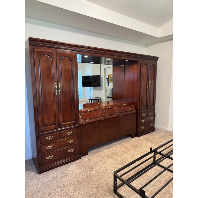 Vintage Thomasville Illuminated Cherry Queen Bed Unit- Headboard, Bridge, Nightstand Armoires, & Mirror For Sale - Image 12 of 18